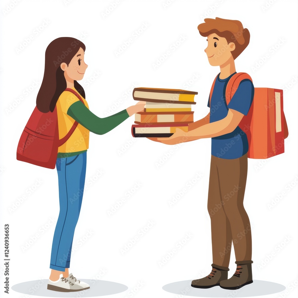 Two Students Exchanging Books with Smiles in a Bright and Vibrant Study Environment Two Students Exchanging Books with Smiles in a Bright and Vibrant Study Environment