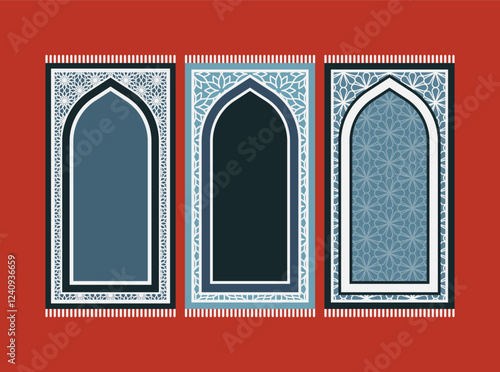 Blue Islamic prayer carpet vector design. Prayer mat pattern tiles. Rug design set