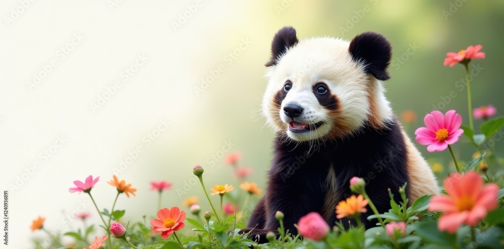 Fototapeta premium Playful panda amidst vibrant flowers on white , botanical, colorful