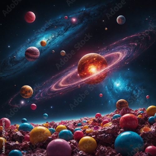 A surreal galaxy with planets made of candy and glowing stars.