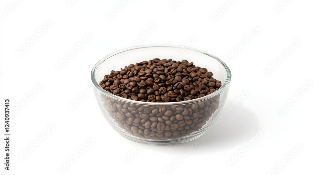 Roasted Coffee Beans Fill Glass Bowl on White Background - Close Up View
