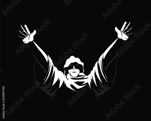 black and white silhouette vector design of a person in black robes similar to a priest or monk raising his hands up under the light