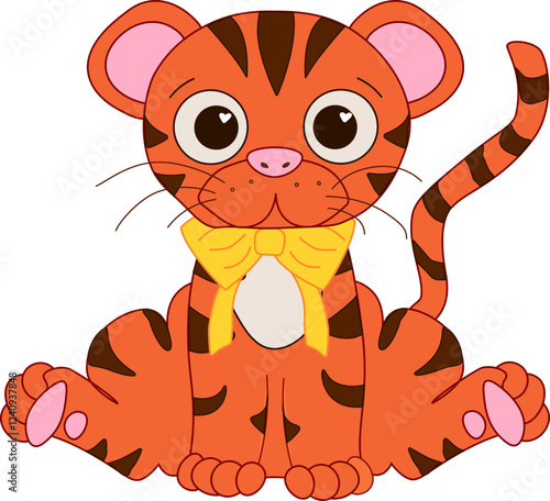 Illustration of cute tiger with yellow bow vector composition. Graphic line  chinese lunar new year, CNY lantern festival 2034 mascot