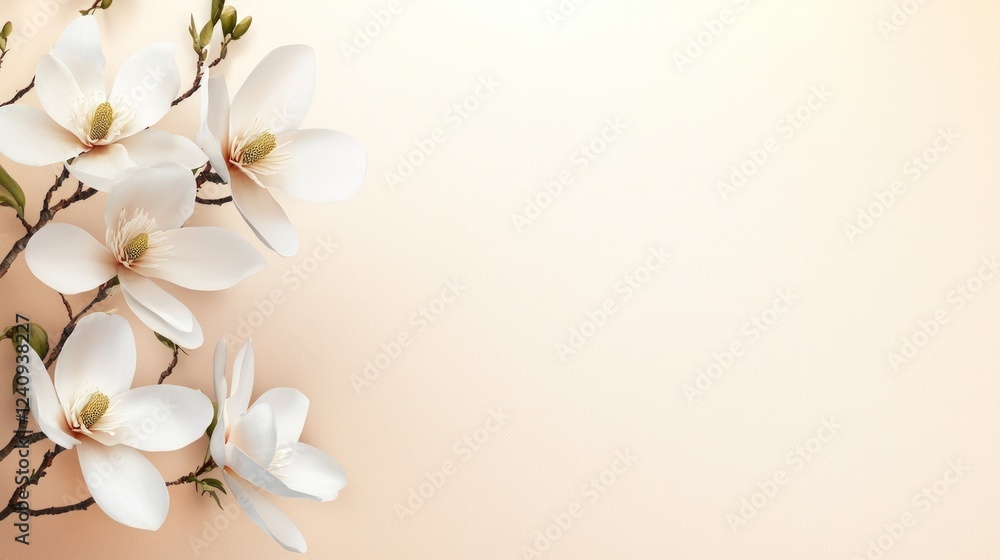 Graceful white magnolia on the left against a soft beige gradient background with copy space Graceful white magnolia on the left against a soft beige gradient background with copy space