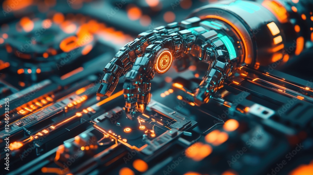 Fototapeta premium A high-tech cybernetic industrial system integrating AI and human-machine collaboration.