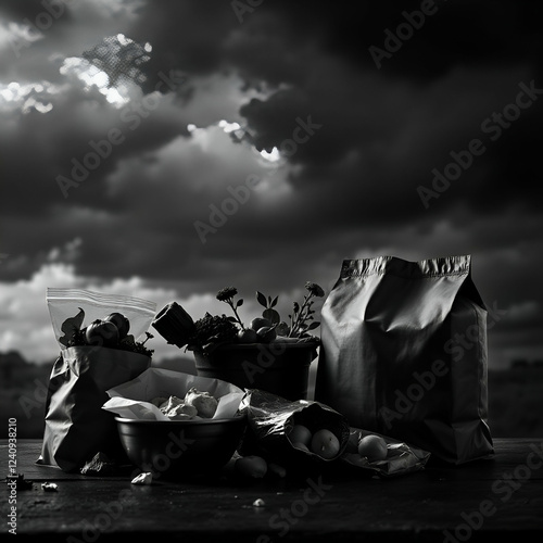 “Sustainable food concept with plant-based meals and reusable packaging.”