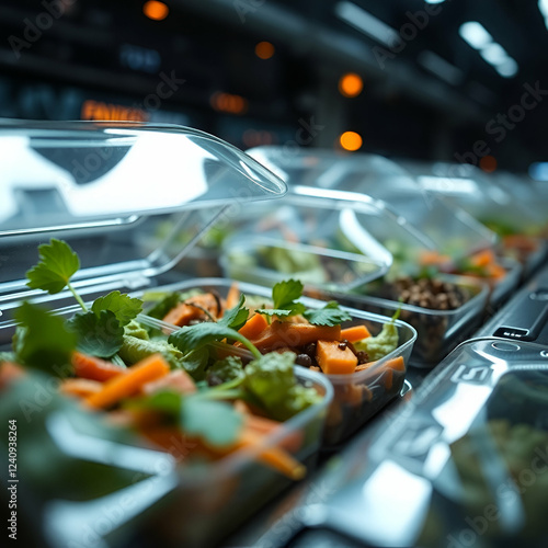 “Sustainable food concept with plant-based meals and reusable packaging.”