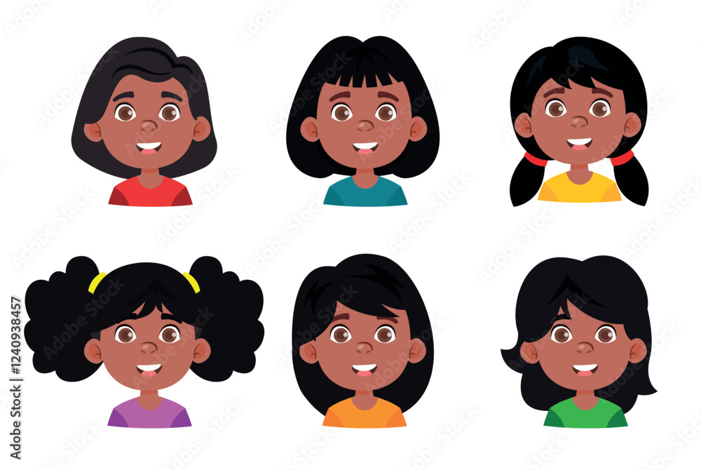 Cartoon avatars set. Black girls with different hairstyles Cartoon avatars set. Black girls with different hairstyles