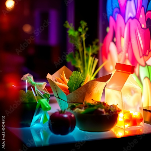 “Sustainable food concept with plant-based meals and reusable packaging.”