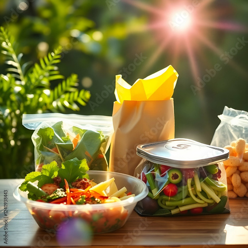 “Sustainable food concept with plant-based meals and reusable packaging.”