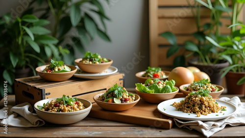 “Sustainable food concept with plant-based meals and reusable packaging.”