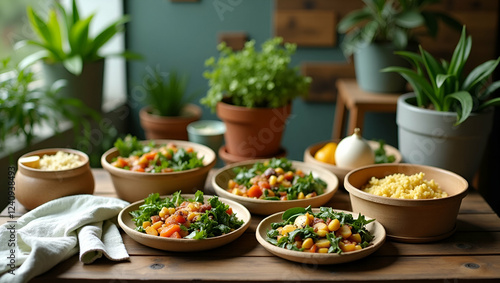 “Sustainable food concept with plant-based meals and reusable packaging.”