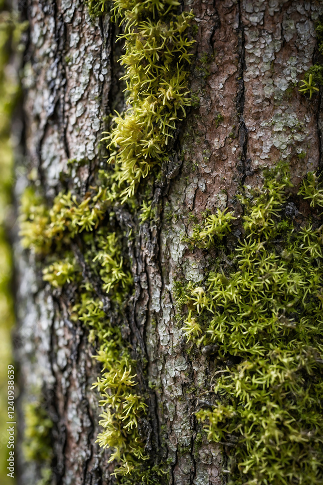 Close-up of a textured tree bark with moss and lichen, macro shot Close-up of a textured tree bark with moss and lichen, macro shot