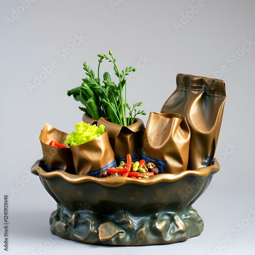 “Sustainable food concept with plant-based meals and reusable packaging.”