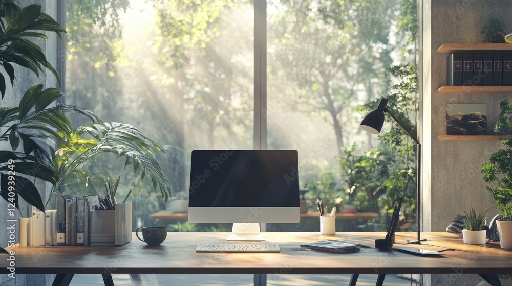 A modern workspace surrounded by glass walls with a view of nature and an eco-friendly interior. A modern workspace surrounded by glass walls with a view of nature and an eco-friendly interior.