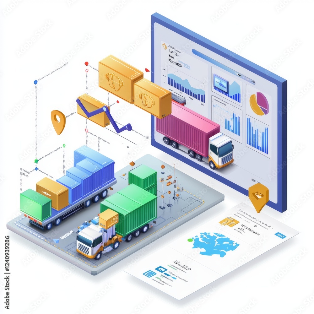 Obraz premium Digital Logistics and Supply Chain Management Concept with Trucks and Charts for Efficient Cargo Delivery