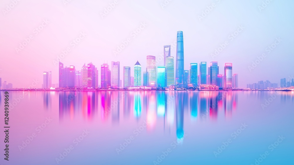 Fototapeta premium Shanghai Bund Spectacle, vibrant light show illuminating futuristic towers, shimmering river reflections, dynamic urban life captured from above, showcasing the city's energetic atmosphere