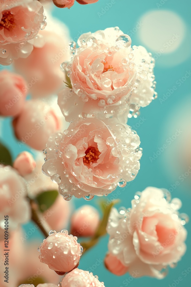 Fototapeta premium Delicate Beauty Close-Up of Pink and White Flowers With Glistening Dewdrops, Blurred Background