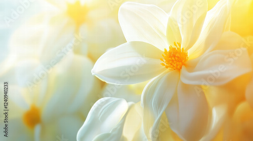 close up of delicate white flowers with soft yellow highlights, creating serene and tranquil atmosphere. gentle petals and vibrant center evoke feelings of peace and beauty