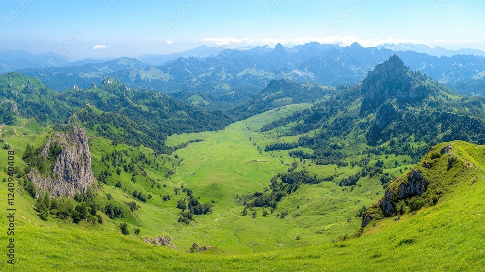 Panoramic view of lush green valley, mountains, and blue sky. Ideal for travel brochures Panoramic view of lush green valley, mountains, and blue sky. Ideal for travel brochures