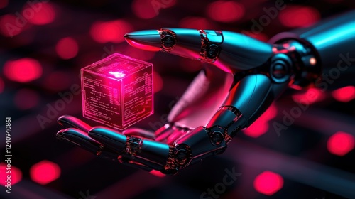A Futuristic Robot Hand Holding a Glowing Cube in a Technological Environment with Vibrant Red Lighting
