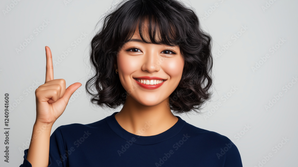Energetic japanese female model with curly hair gesturing upward, smiling brightly against gray backdrop, expressing creative positivity and confident communication Energetic japanese female model with curly hair gesturing upward, smiling brightly against gray backdrop, expressing creative positivity and confident communication