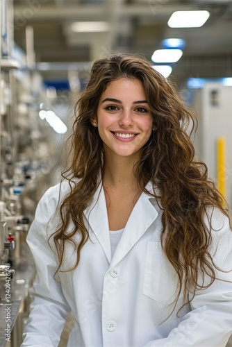 A dynamic perspective capturing a cheerful woman in a white lab coat inspecting equipment on a bustling production line, exuding professionalism, photo