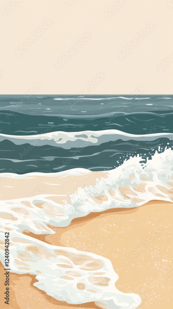 Serene waves lapping gently on sandy beach under clear sky Serene waves lapping gently on sandy beach under clear sky