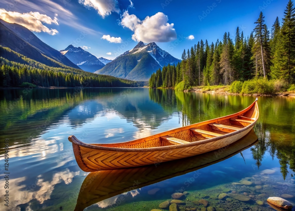 Obraz premium Alaskan Wilderness: Handcrafted Birch Bark Canoe on Pristine Lake