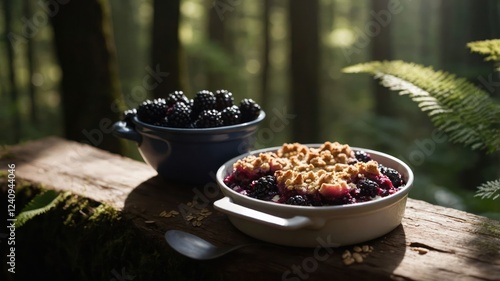 Wallpaper Mural Freshly baked berry crumble served in rustic bowls, surrounded by a serene forest backdrop Torontodigital.ca