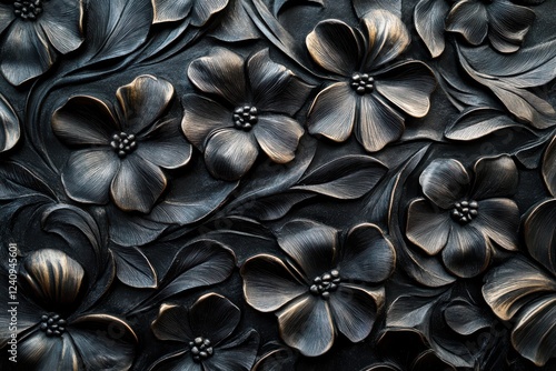 Intricate floral carving in dark hues.