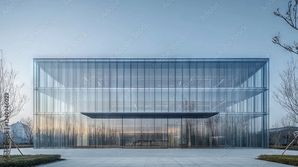 Modern glass office building reflecting the tranquil dawn sky Modern glass office building reflecting the tranquil dawn sky