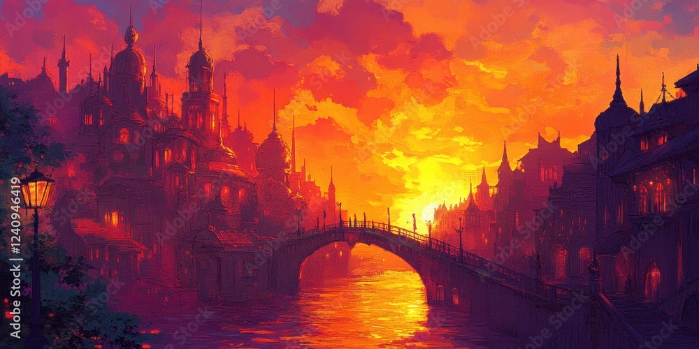Naklejka premium Sunset over a City Canal with Ancient Architecture