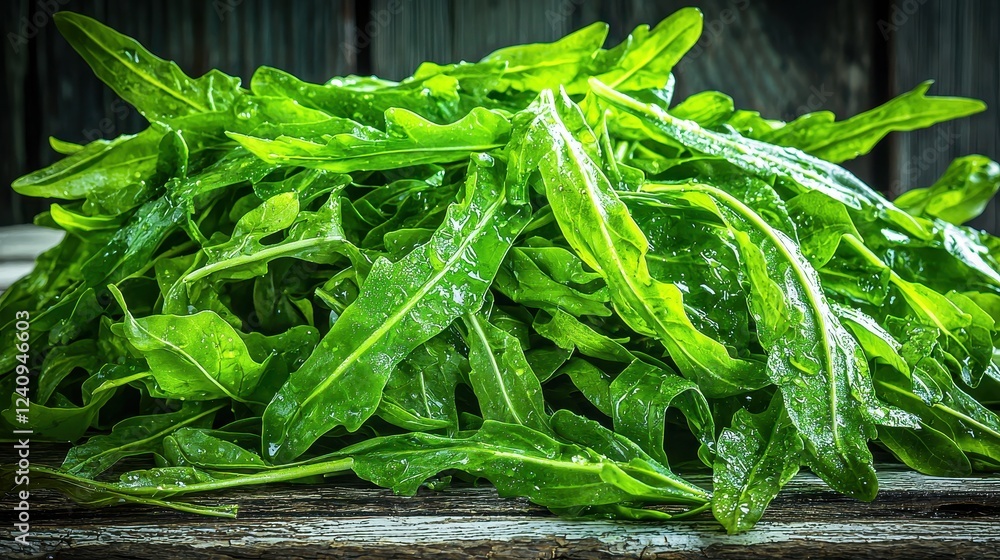 Fototapeta premium Freshly Harvested Green Arugula Leaves Piled on Rustic Wooden Table for Healthy Cooking
