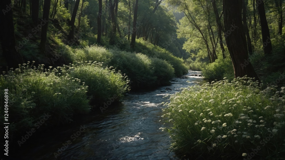 Fototapeta premium Serene forest stream surrounded by lush greenery and sunlight filtering through trees