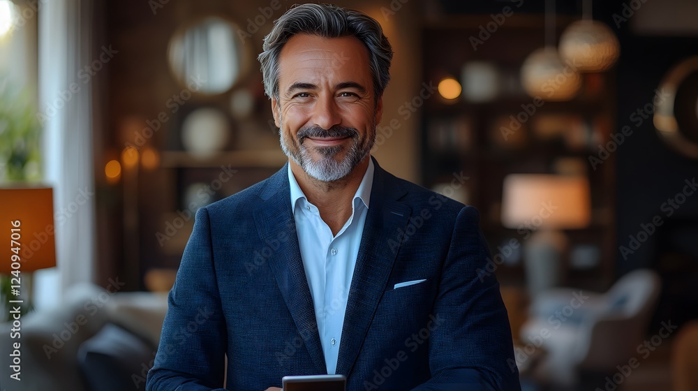 Fototapeta premium Corporate director standing in contemporary office holding mobile cellphone, elegant and professional mood, copy space