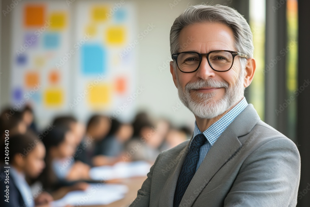 Fototapeta premium A confident businessman with glasses smiling at the camera in a modern office setting.