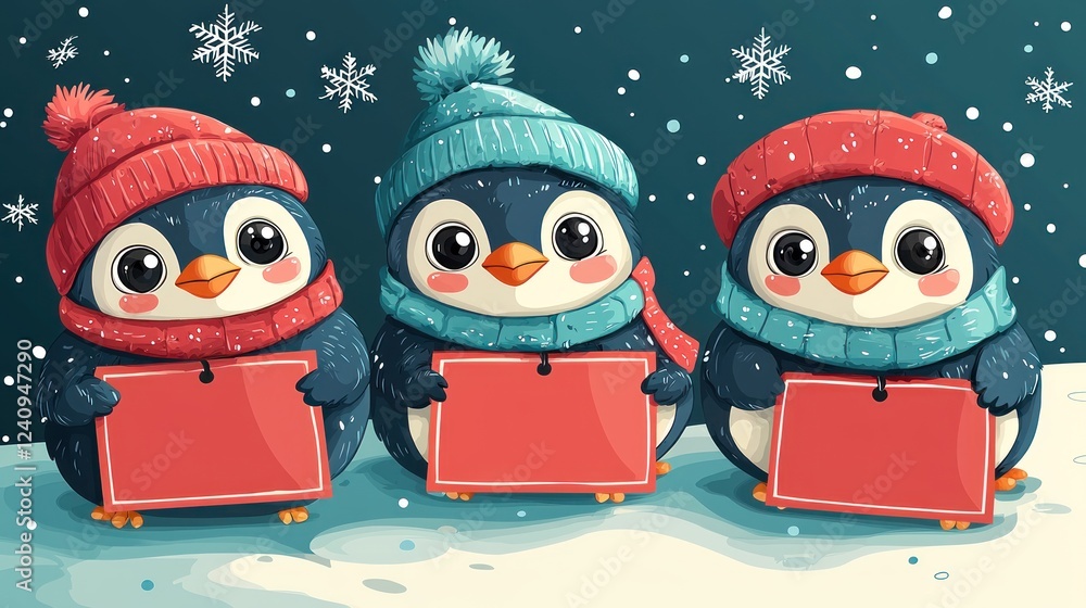 Obraz premium Three adorable penguins wearing winter hats and scarves hold blank red signs in snowy scene.