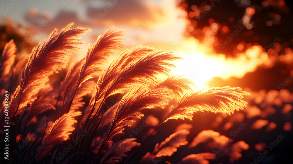 Golden Sunset Over Pampas Grass Field Golden Sunset Over Pampas Grass Field