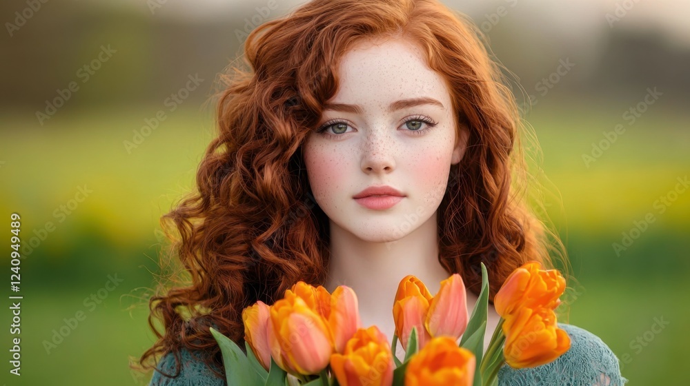 Naklejka premium A charming portrait of a freckled Irish woman with fiery red curls, holding a bouquet of bright orange tulips.