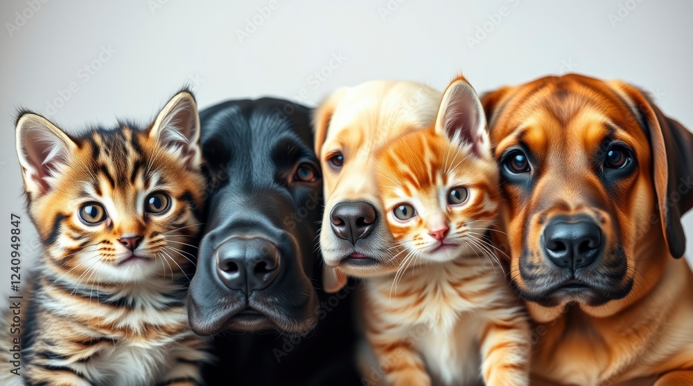 Fototapeta premium Adorable pet portrait, two cats and two dogs, closeup, realistic details, soft fur textures, expressive eyes, tabby kitten