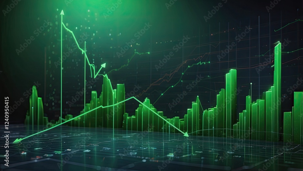 A green arrow points upward on a financial graph. Business growth chart with a rising trend line. Visualizing digital stock market data for investment analysis. A green arrow points upward on a financial graph. Business growth chart with a rising trend line. Visualizing digital stock market data for investment analysis.