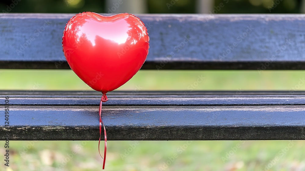 Park bench, red heart balloon, lonely, autumn, background, love, memory, sadness, romance, card Park bench, red heart balloon, lonely, autumn, background, love, memory, sadness, romance, card