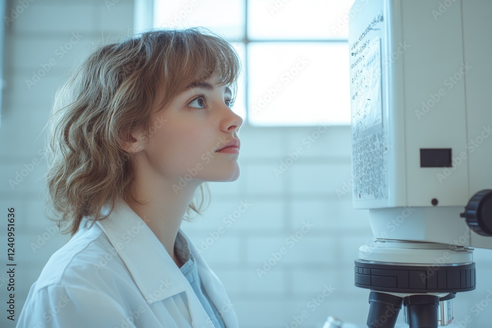 Young female scientist intently observing a microscope slide in a modern laboratory setting. Young female scientist intently observing a microscope slide in a modern laboratory setting.