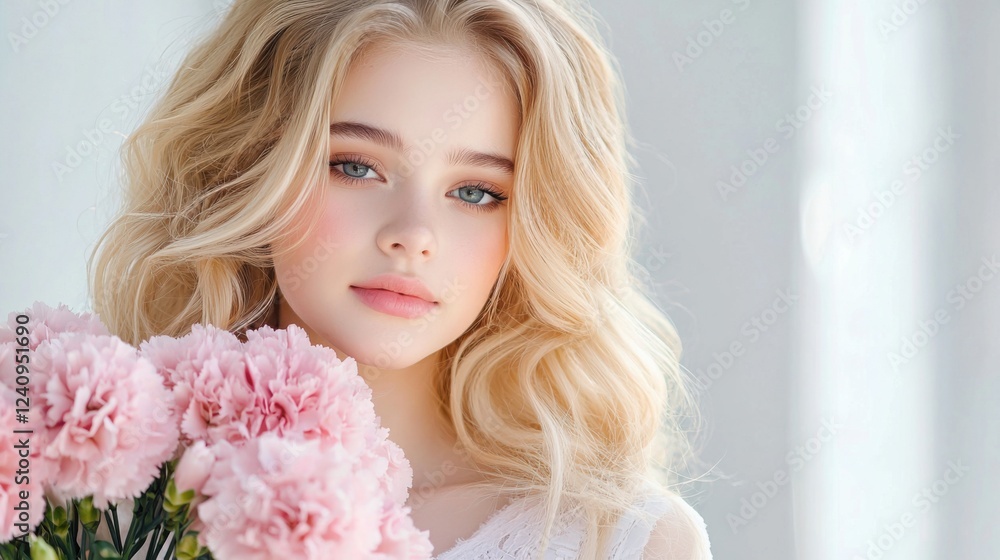 A graceful blonde woman with wavy golden hair holding a bouquet of soft pink carnations. A graceful blonde woman with wavy golden hair holding a bouquet of soft pink carnations.