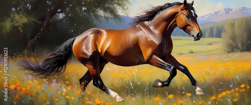 Charming oil painting of a majestic horse frolicking in a flowering meadow capturing grace and beauty in every brushstroke photo