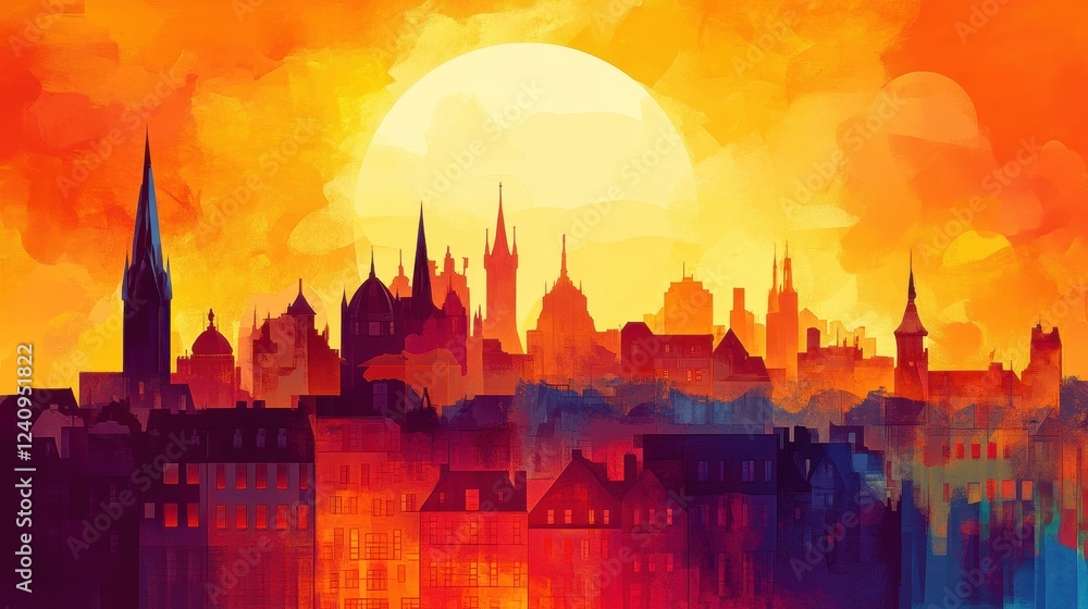 Fototapeta premium Cityscape Silhouette at Sunset Warm Hues