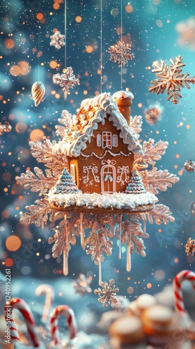 Enchanted gingerbread house on a magical snowflake dreamscape