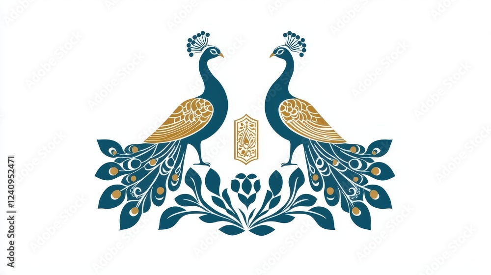 Fototapeta premium Elegant Peacock Design on White Background Featuring Two Stylized Birds and Intricate Floral Elements