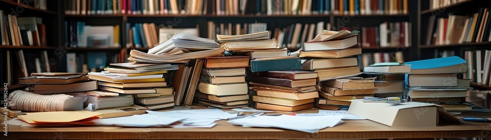 Stacks of Books and Papers on a Wooden Table in a Library with Shelves Filled with Books in the Background Stacks of Books and Papers on a Wooden Table in a Library with Shelves Filled with Books in the Background